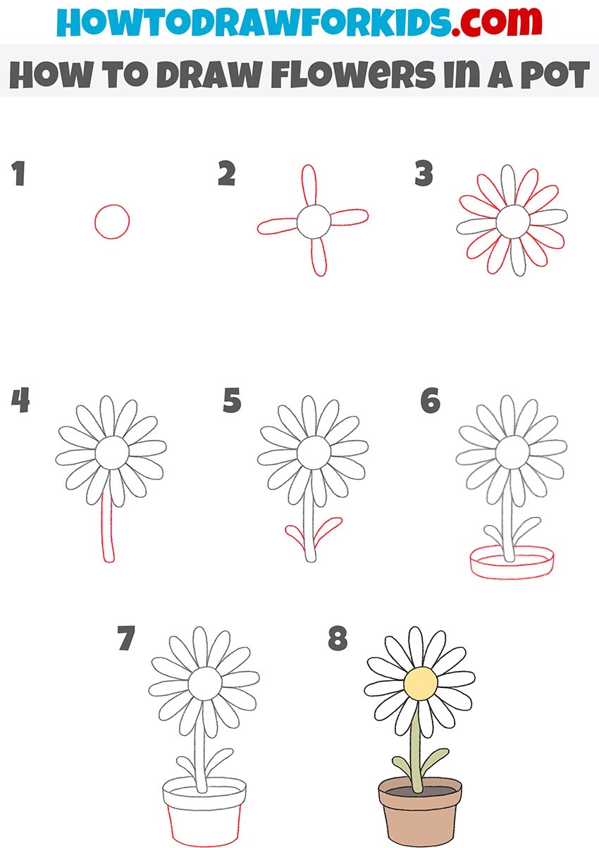 How to draw a flower in a pot step by step