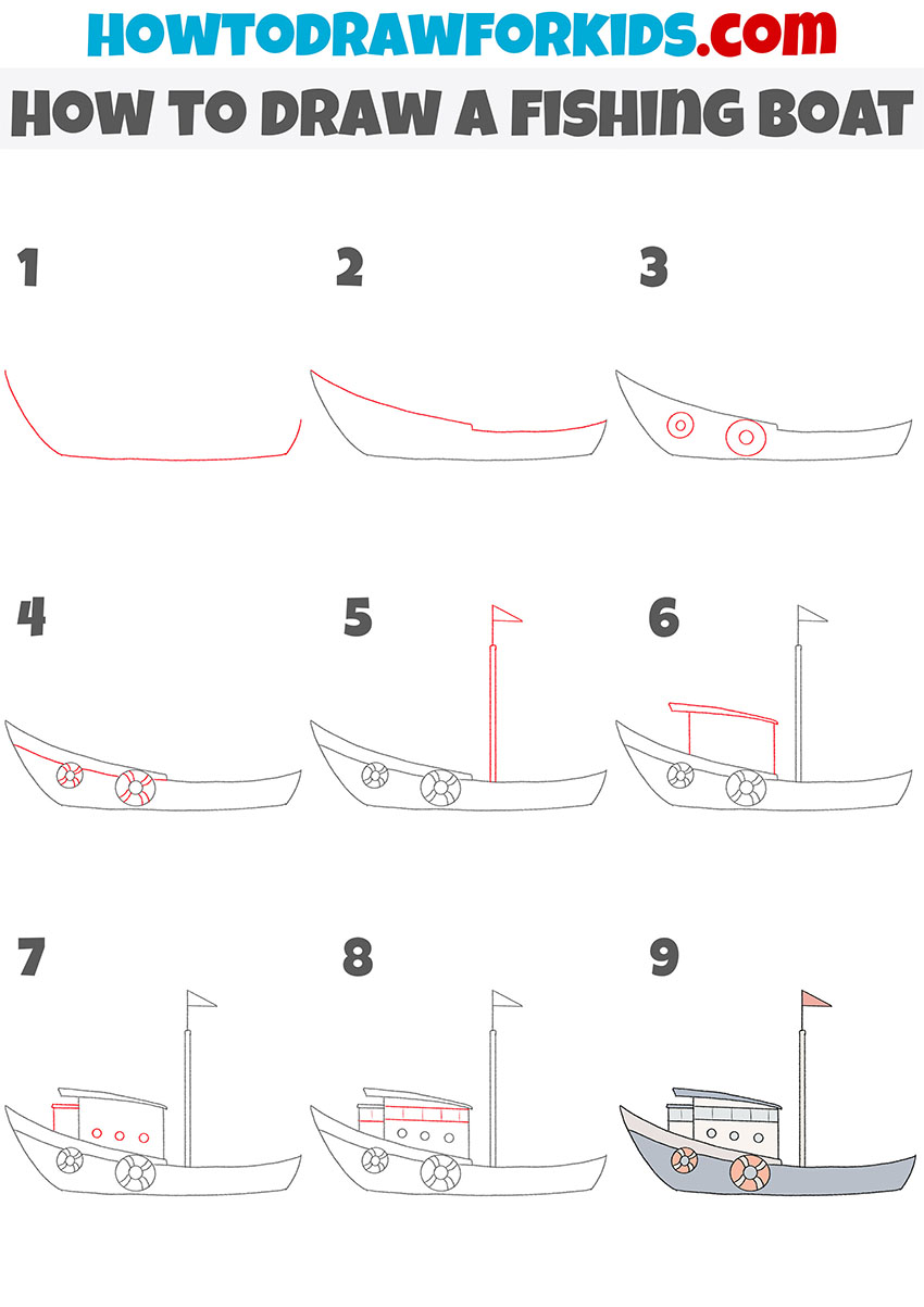 how to draw a fishing boat step by step