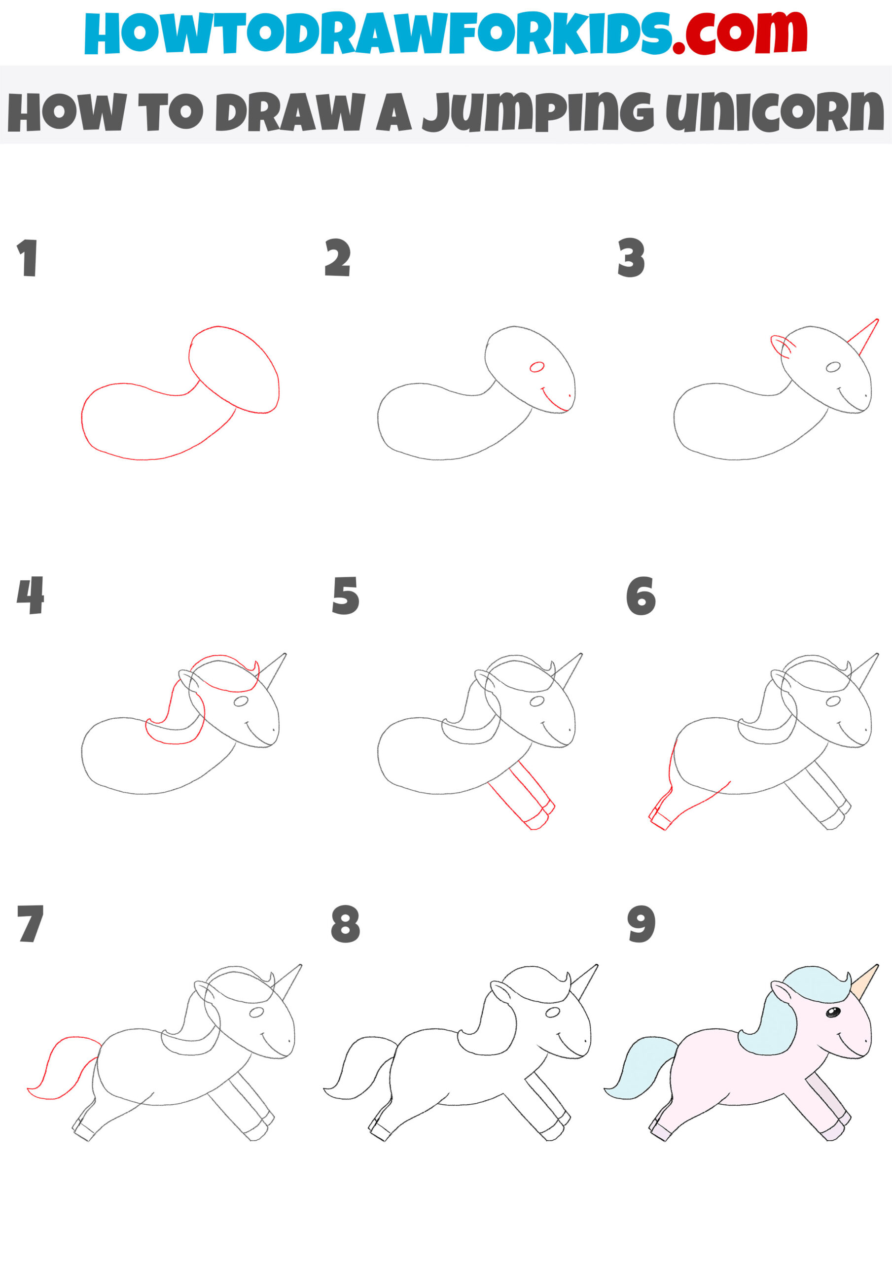 how to draw a jumping unicorn step by step