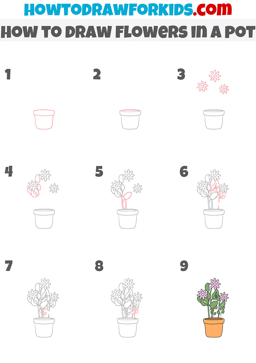 how to draw flowers in a pot step by step