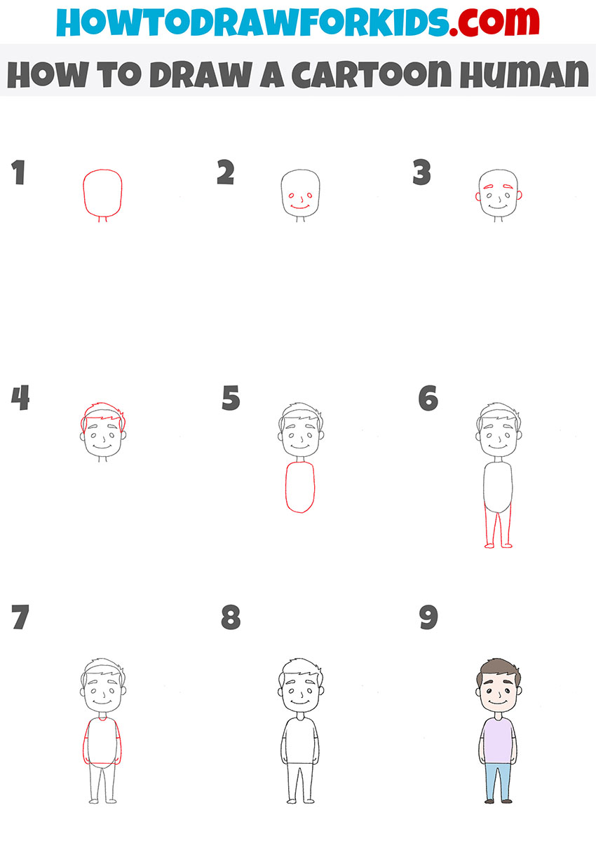 how to draw a cartoon human step by step