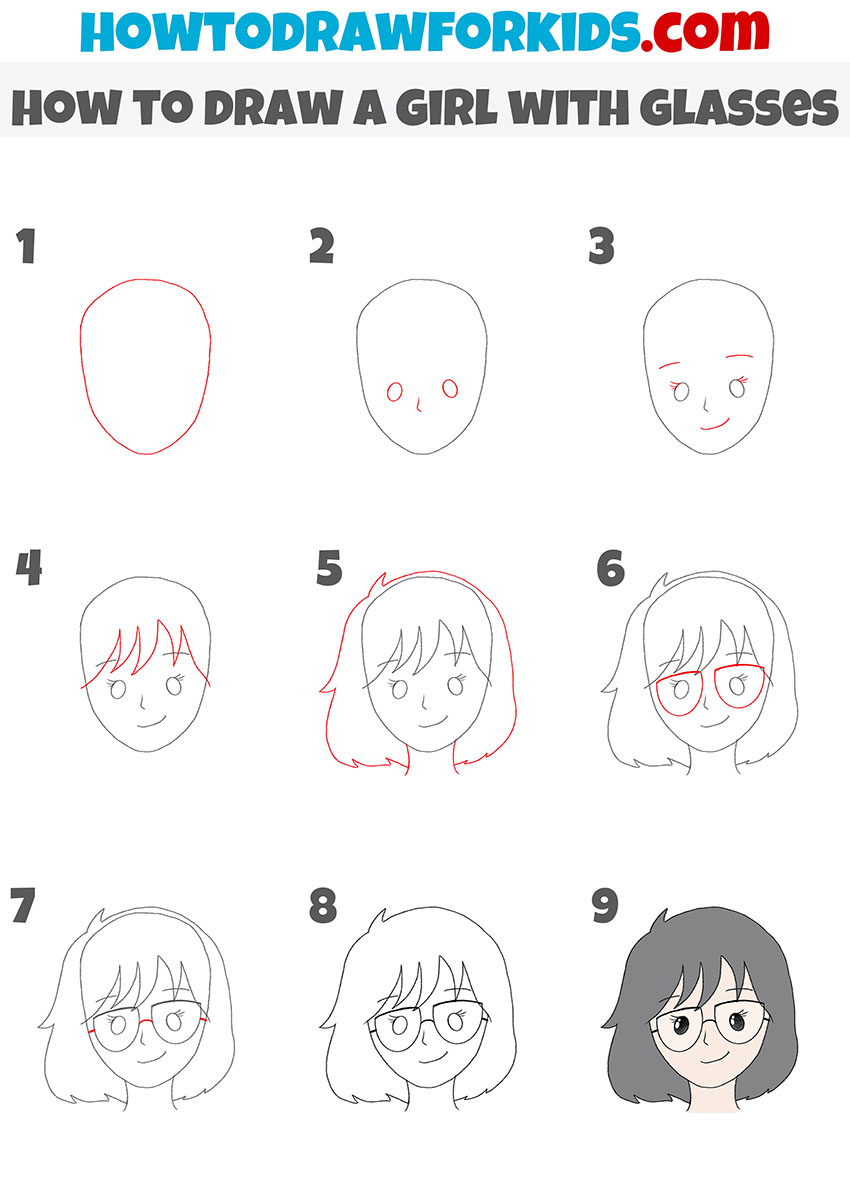 how to draw a girl with glasses step by step