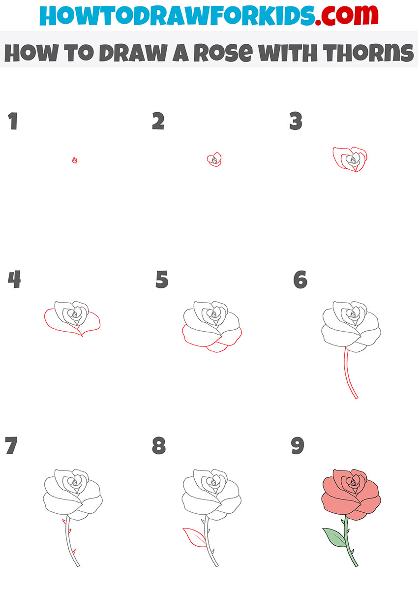 how to draw a rose with thorns step by step