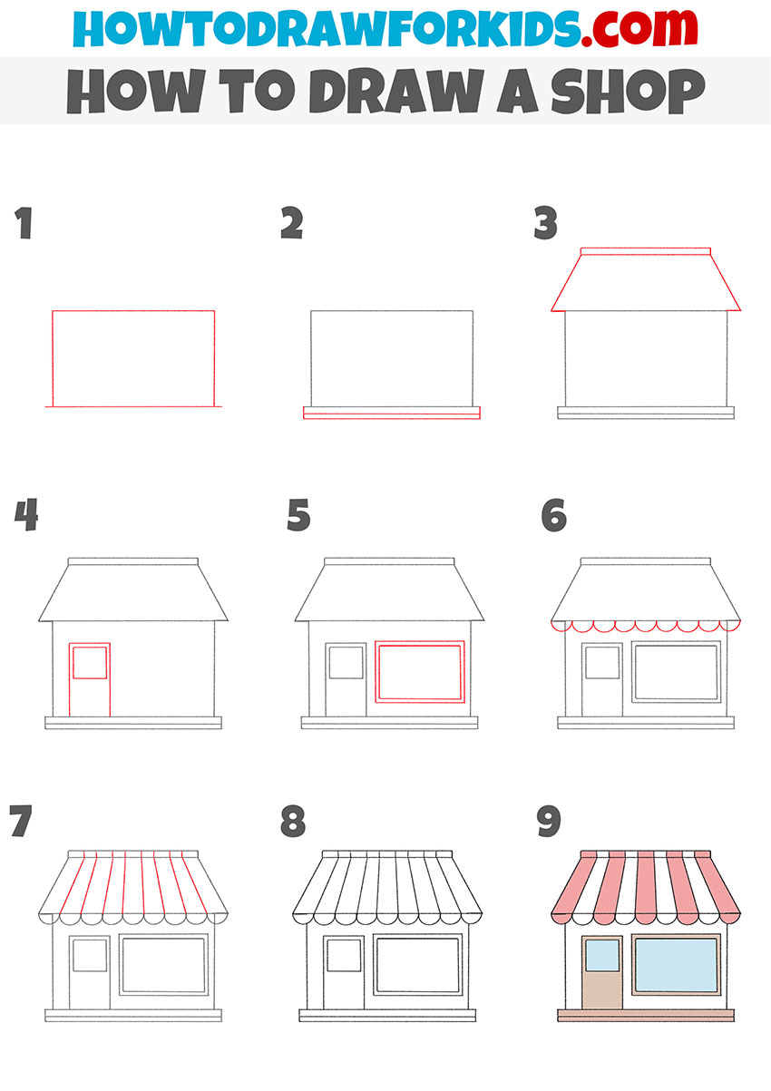 how to draw a shop step by step