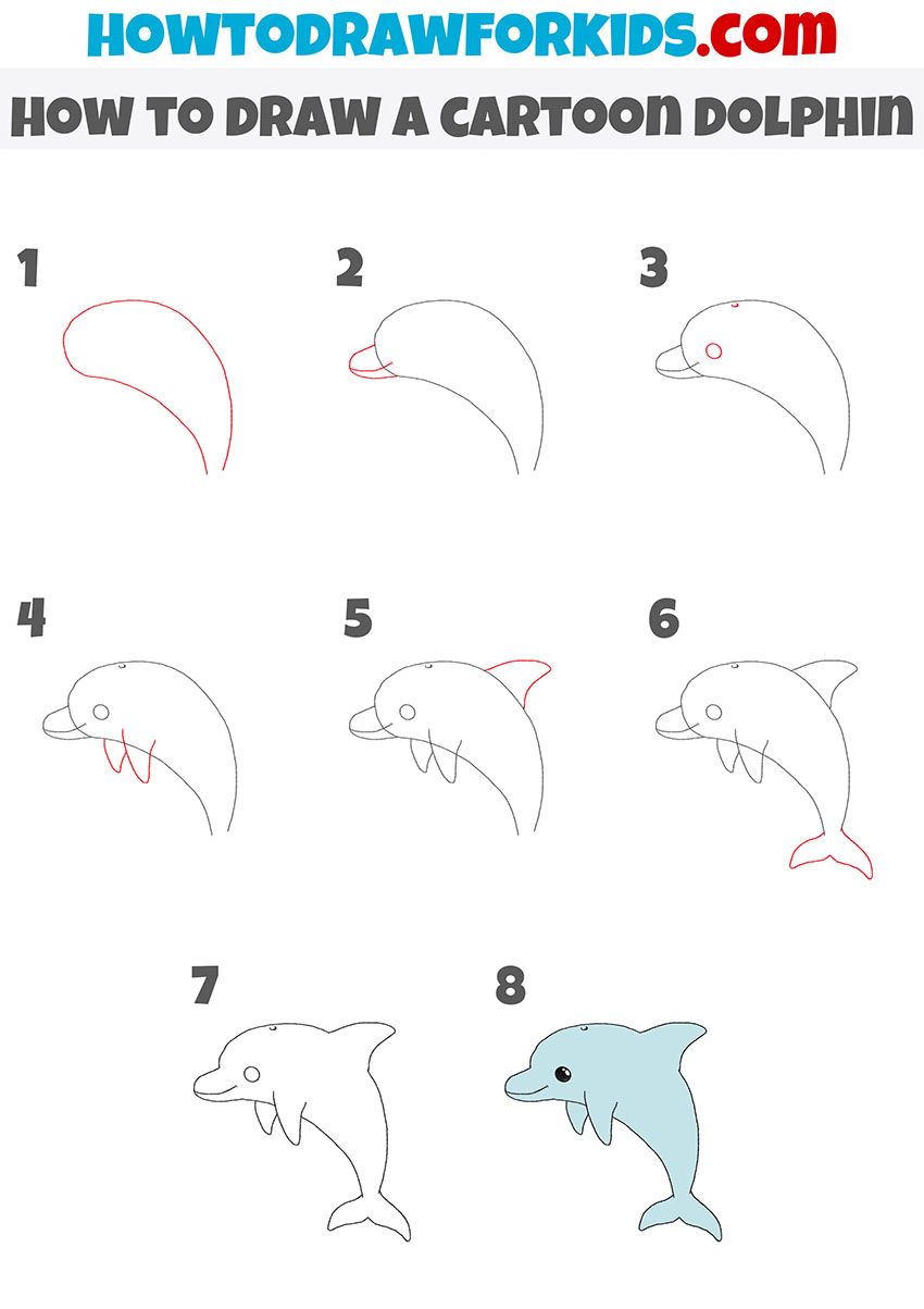 how to draw a cartoon dolphin step by step