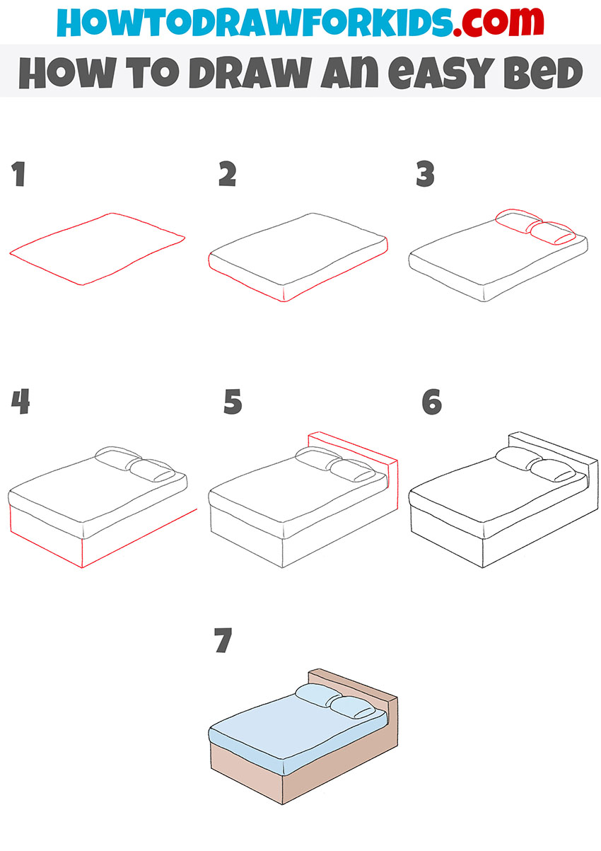 how to draw an easy bed step by step