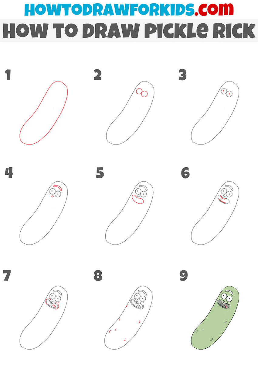 how to draw pickle rick step by step