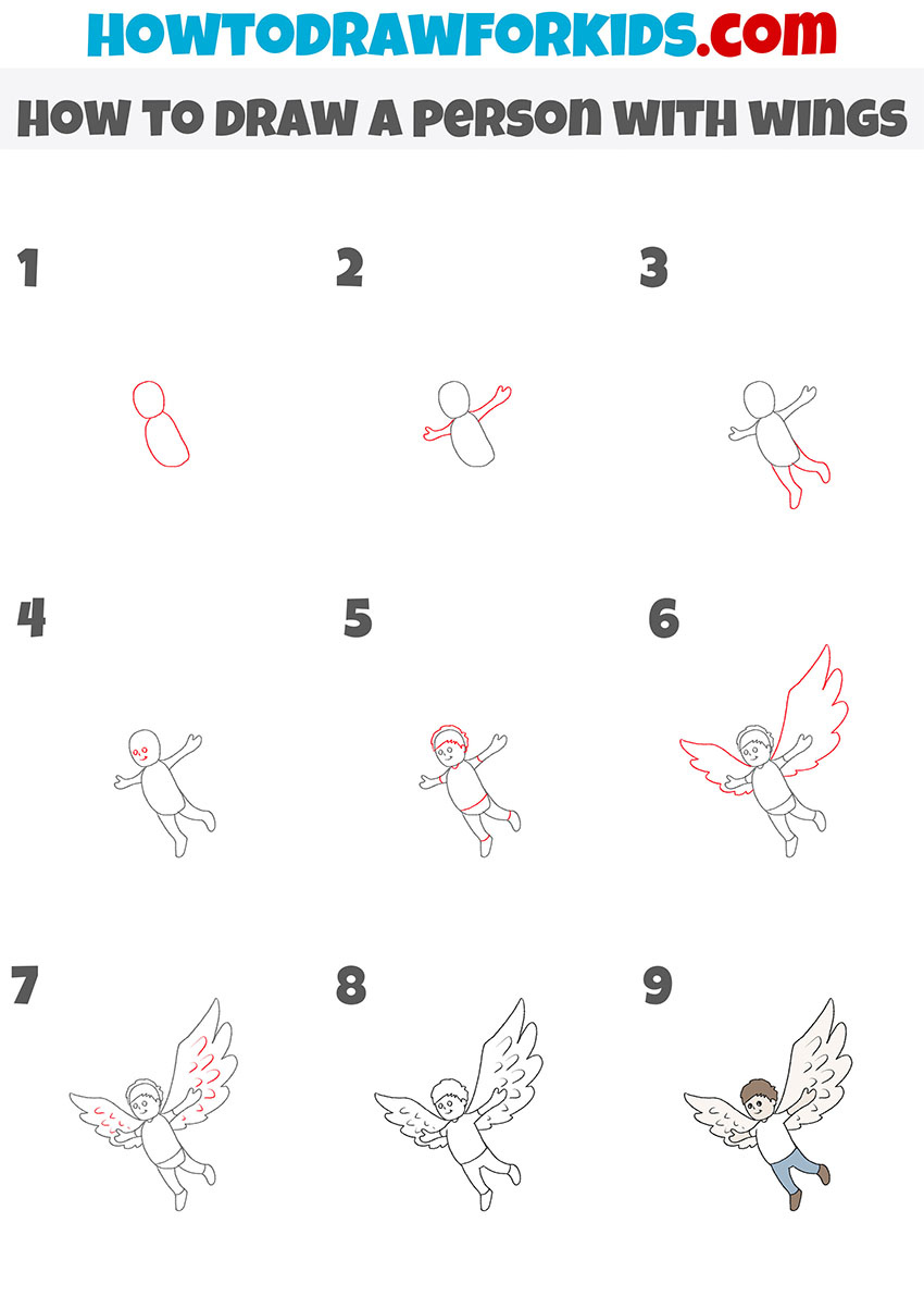 how to draw a person with wings step by step
