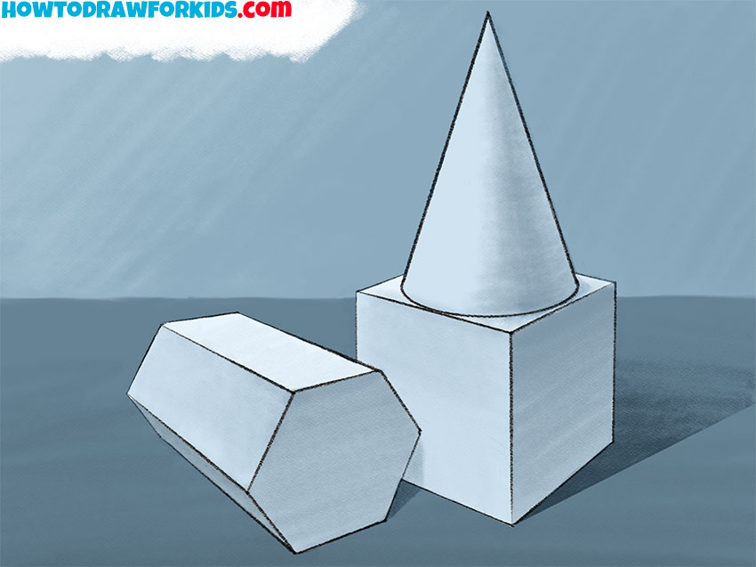 Basic forms like cubes and cylinders drawn in perspective
