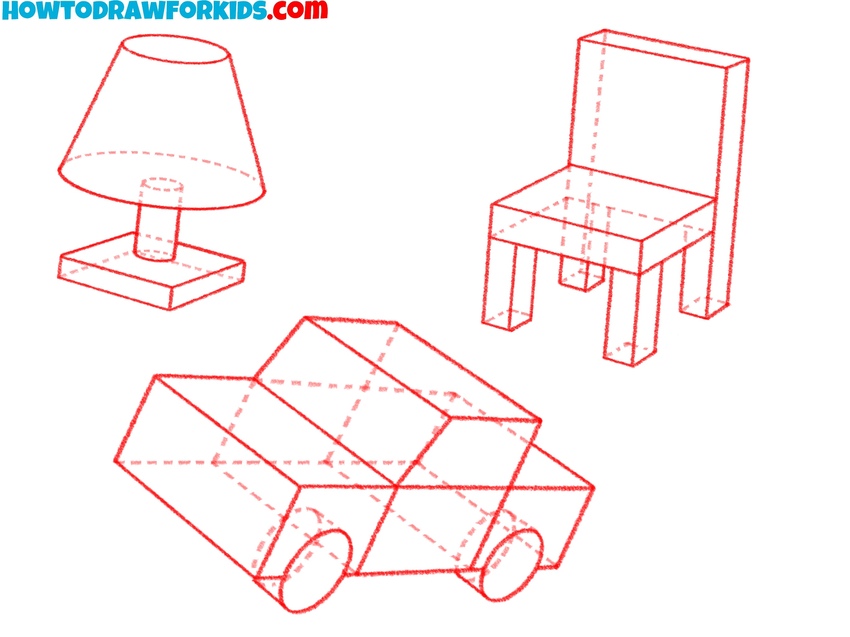 Simplified objects like a lamp and car built from basic geometric shapes