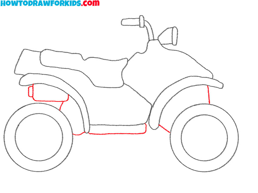 Draw the bottom of the four wheeler