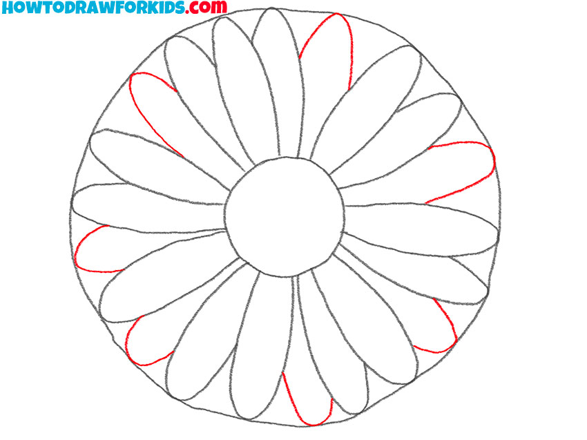 Draw the remaining petals of the daisy flower