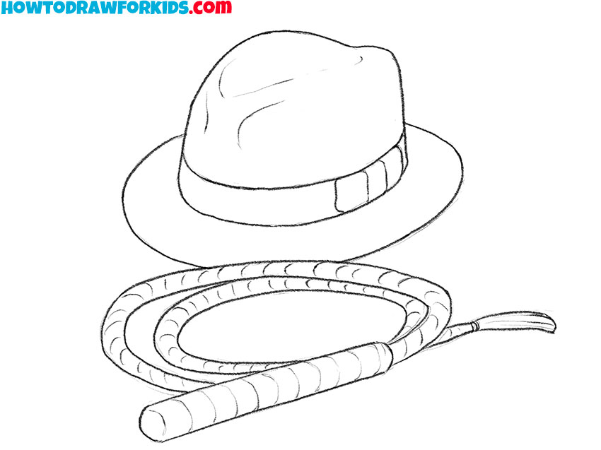 Indiana Jones hat and whip line drawing.