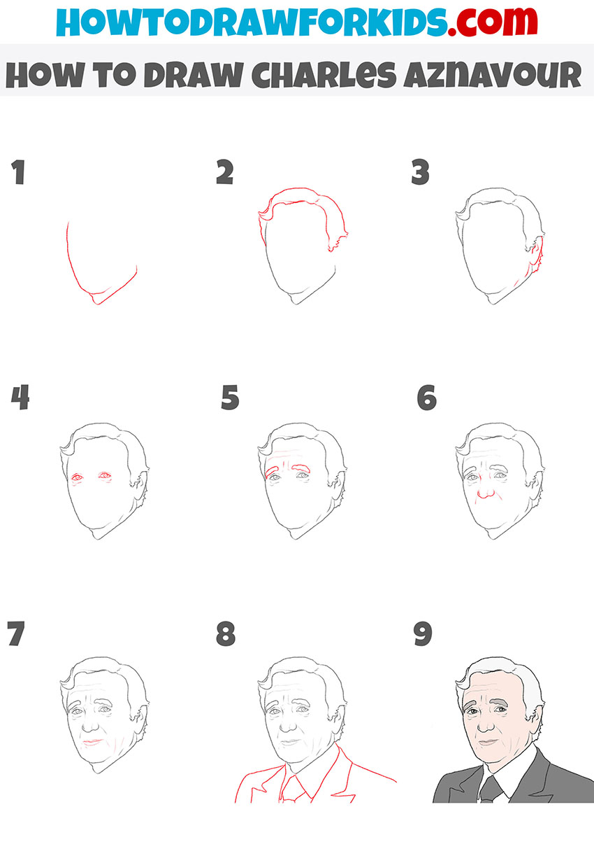 how to draw charles aznavour step by step