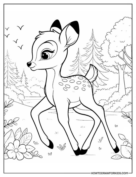 Bambi Walks in the Forest Coloring Sheet for Kids