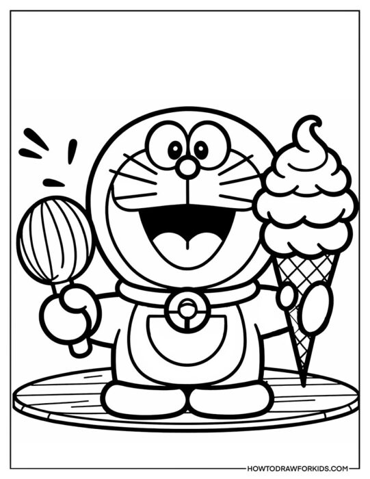 Coloring Page Doraemon with Delicious Sweets