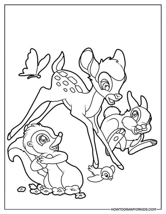 Coloring Page Of Bambi With Thumper And Flower