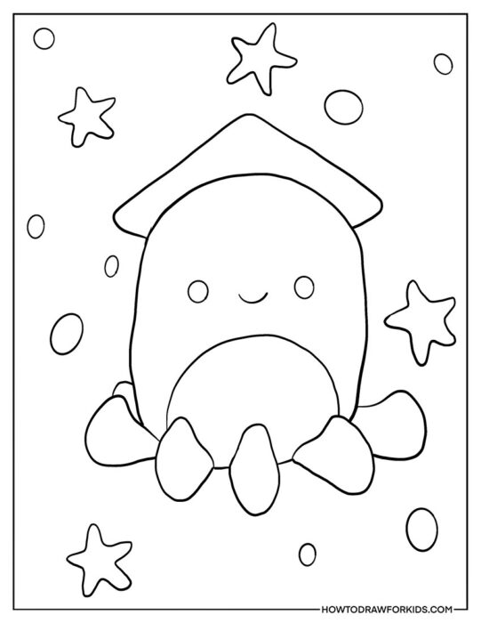 Cute Squid with Starfish Squishmallow Coloring Sheet