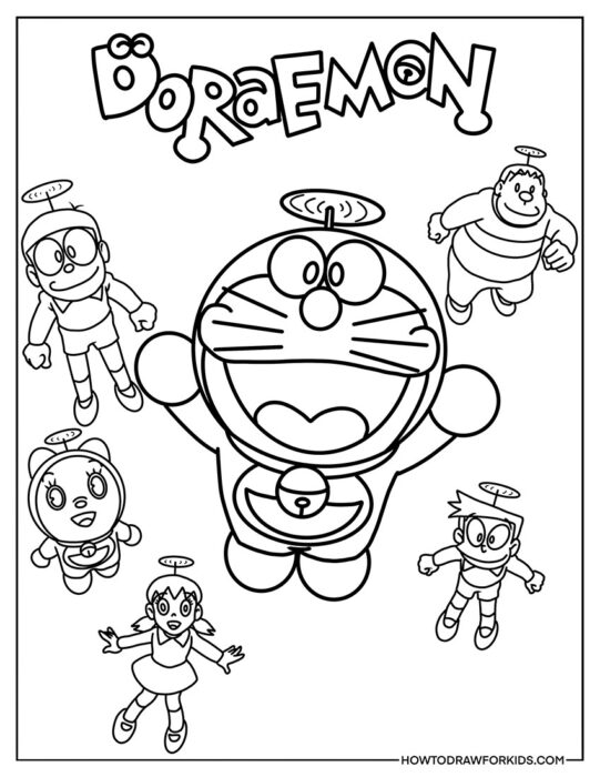Doraemon Characters Coloring Page with Lettering