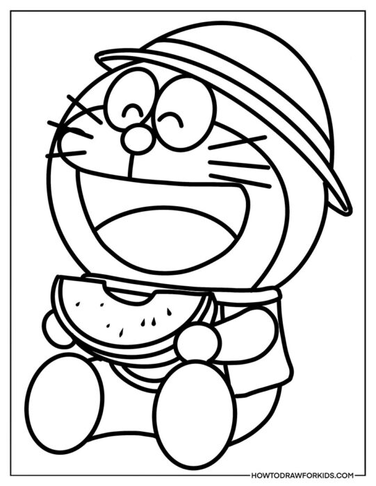 Doraemon Eating Watermelon Coloring Sheet
