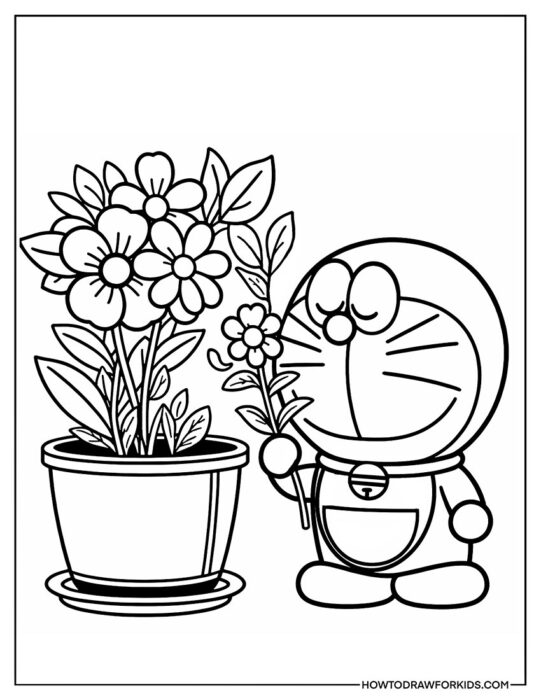 Doraemon Taking Care of a Plant Coloring Page