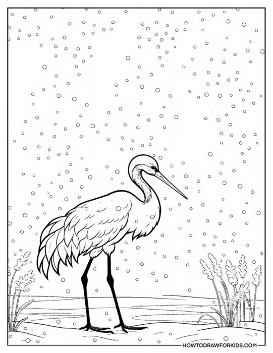 Bird Crane Under Snowflakes Coloring PDF