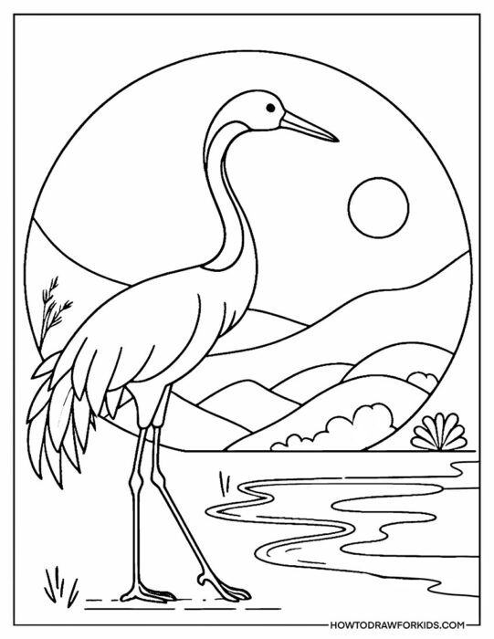 Bird Crane on a Landscape Background Coloring PDF