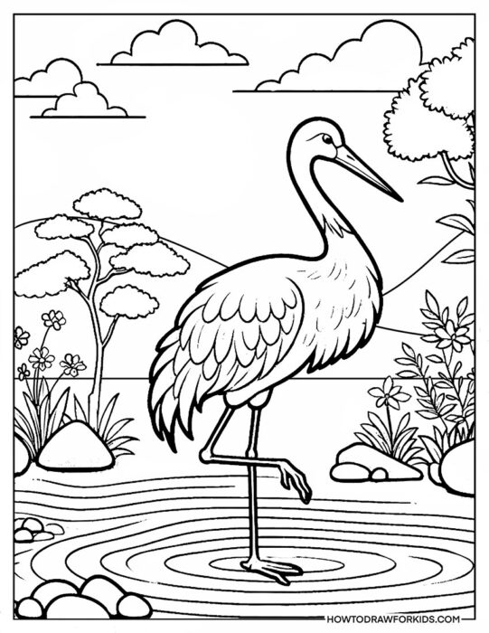 Crane Bird in the Wild Coloring Book
