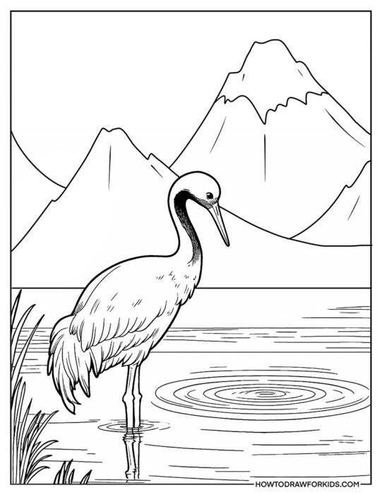 Crane Bird on a Background of Mountains Coloring PDF