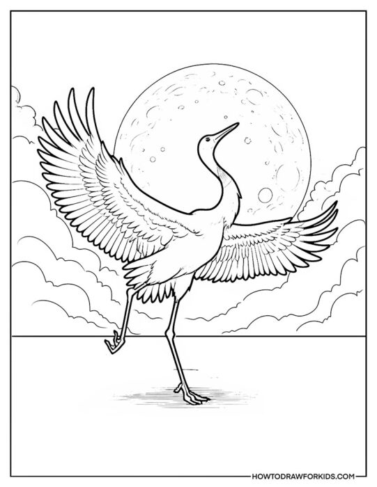 Crane Bird on the Background of the Moon Coloring PDF