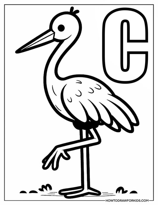 Crane Bird with Letter C Coloring Sheet