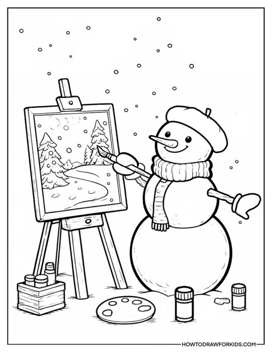 Snowman Artist Draws Coloring Page