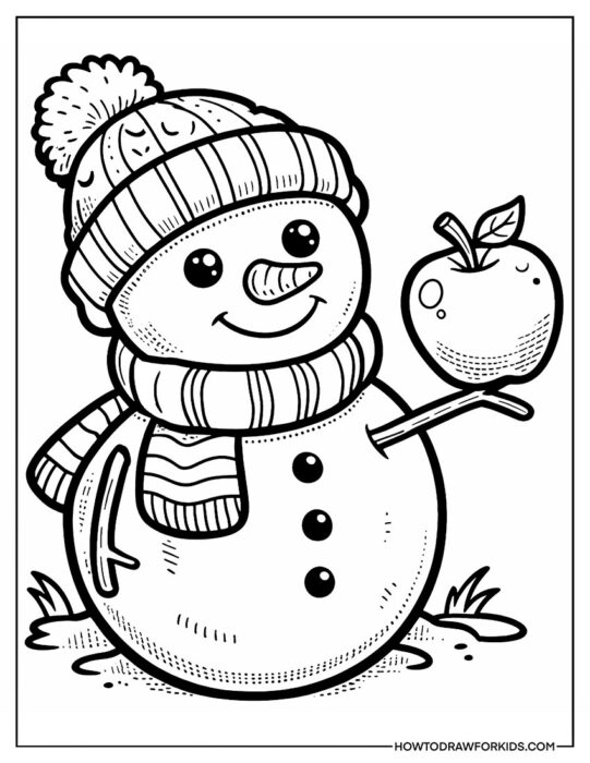 Snowman Holding Apple Coloring PDF