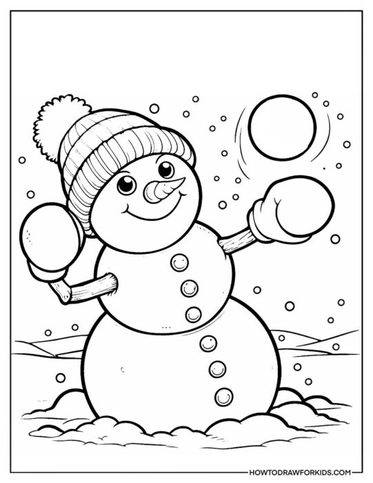 Snowman Playing Snowballs Coloring Sheet