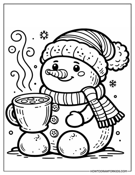 Snowman Warms Up with a Hot Drink Coloring PDF