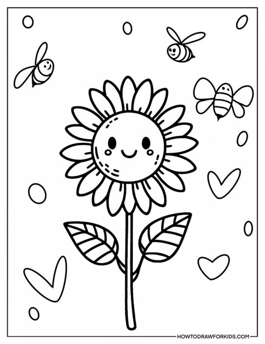 Sunflower With Bees Coloring Page