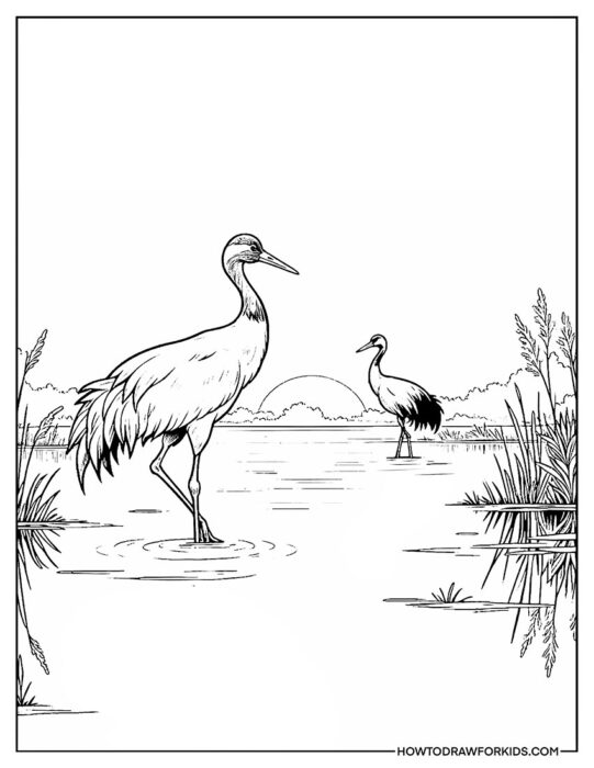 Two Crane Birds in a Pond Coloring Page