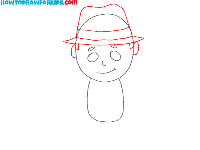 Sketch the hat and ears of Indiana Jones
