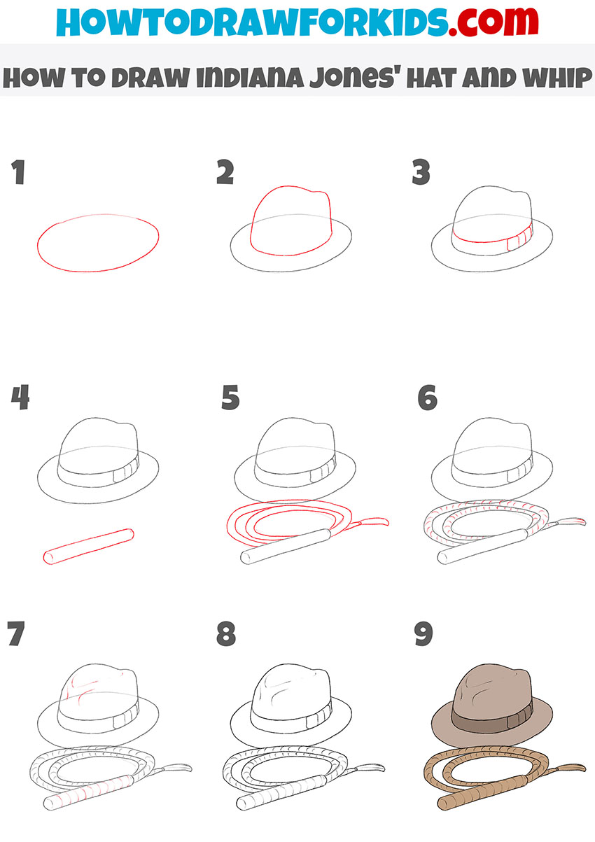 How to draw Indiana Jones’ hat and whip step by step.