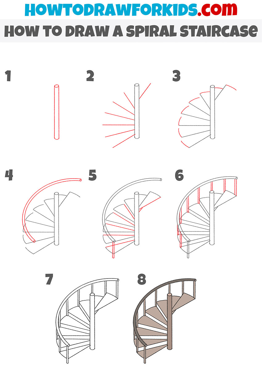 How to draw a spiral staircase step by step