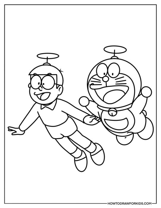 Doraemon and Nobita in Flight Coloring Sheet