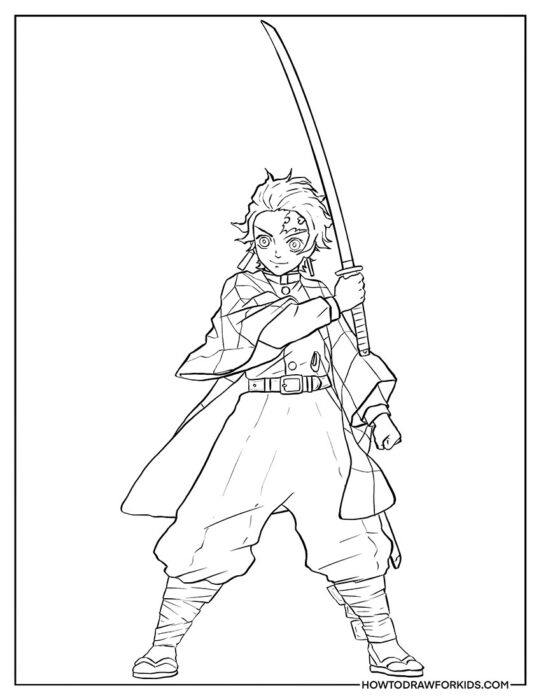 Tanjiro Kamado With Sword Coloring Page