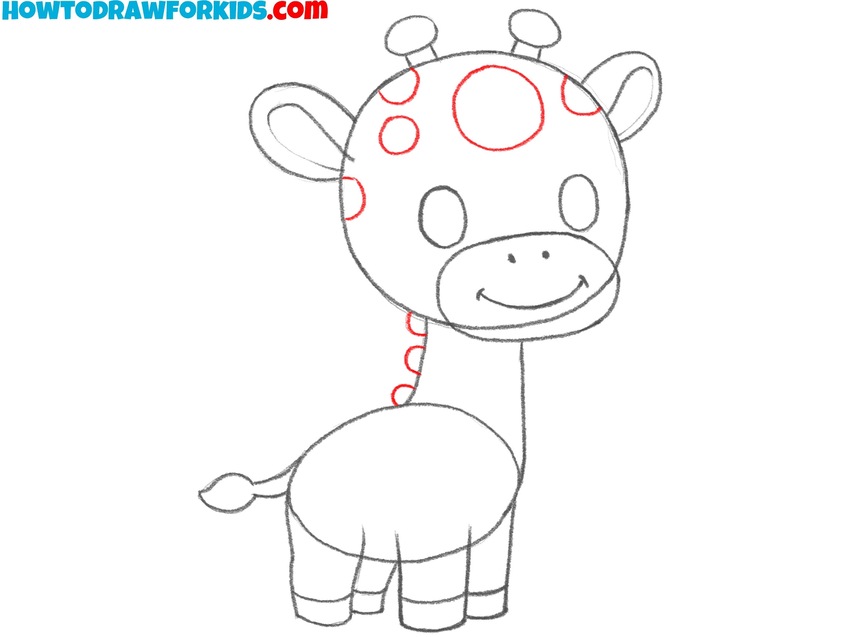 Start drawing the giraffe’s spots and mane