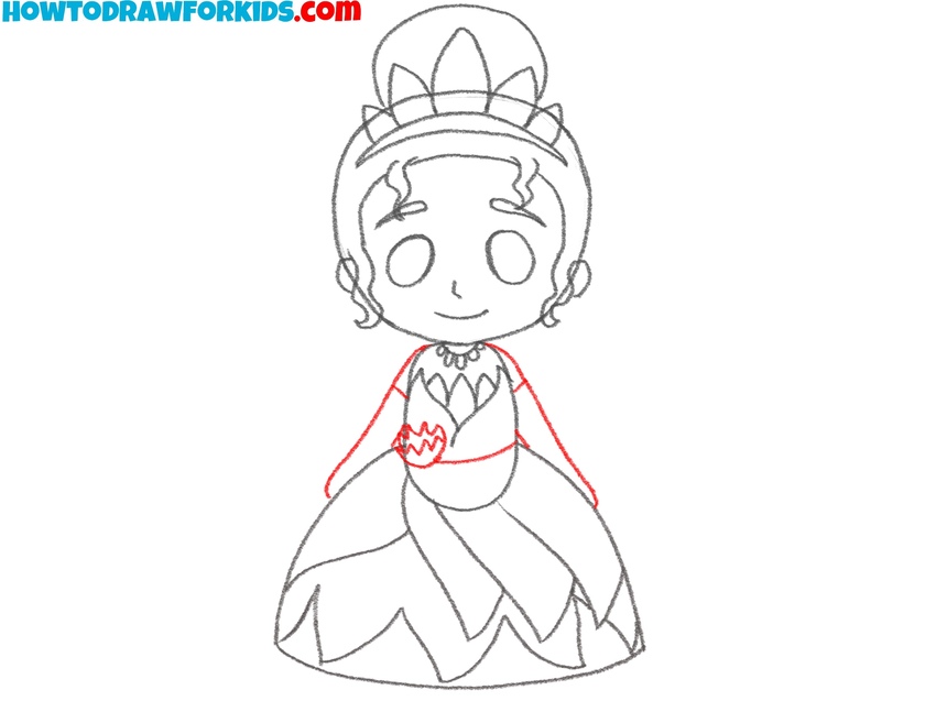 Draw the arms and complete Tiana’s dress