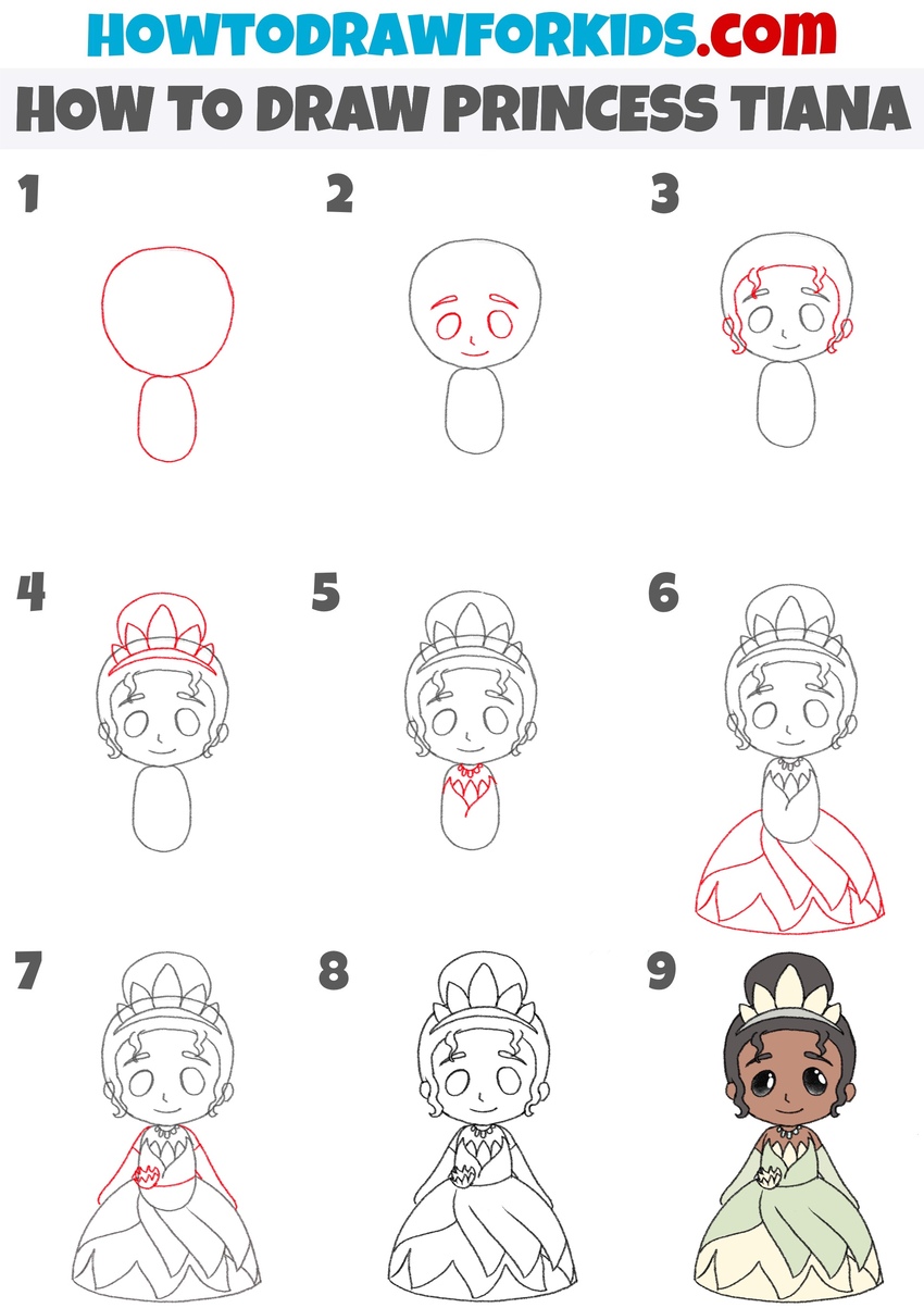 How to draw princess Tiana step by step