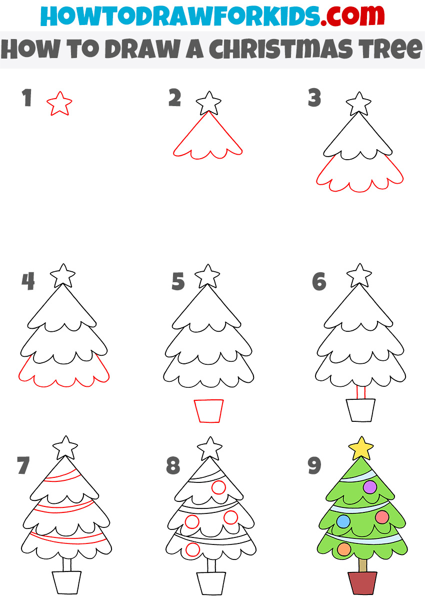 How to draw a Christmas tree in a pot