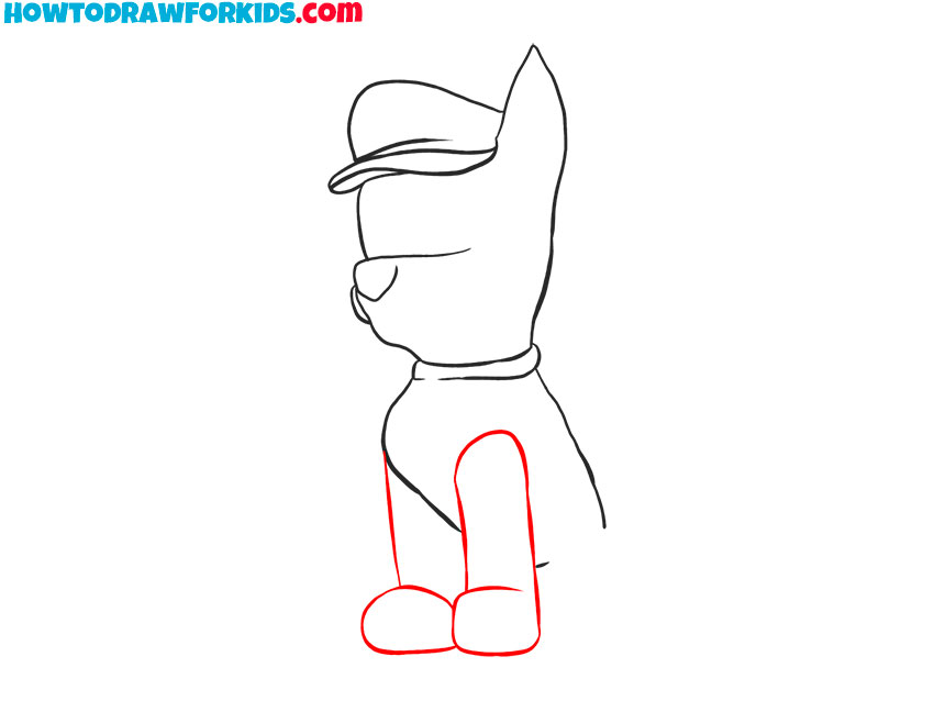 Draw Chase’s front legs and paws