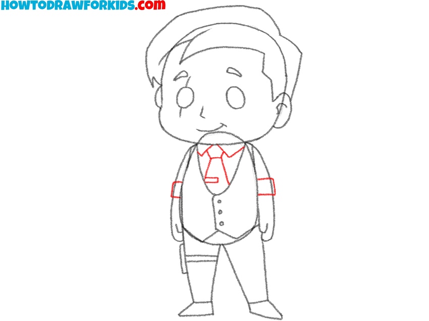 Draw the collar, tie, and cuffs