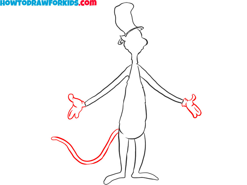 Draw the hands and tail of the Cat in the Hat