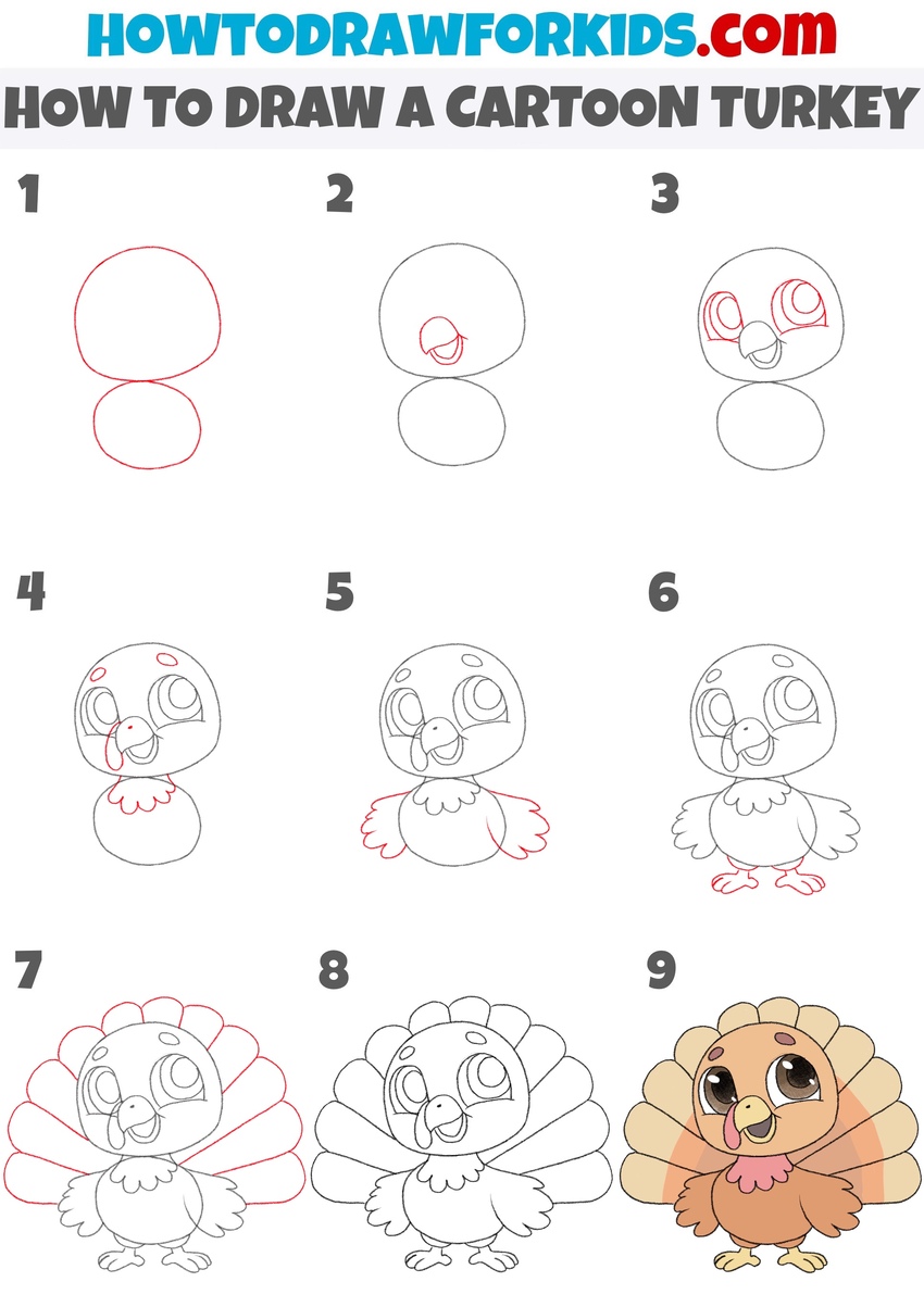 How to draw a cartoon turkey step by step